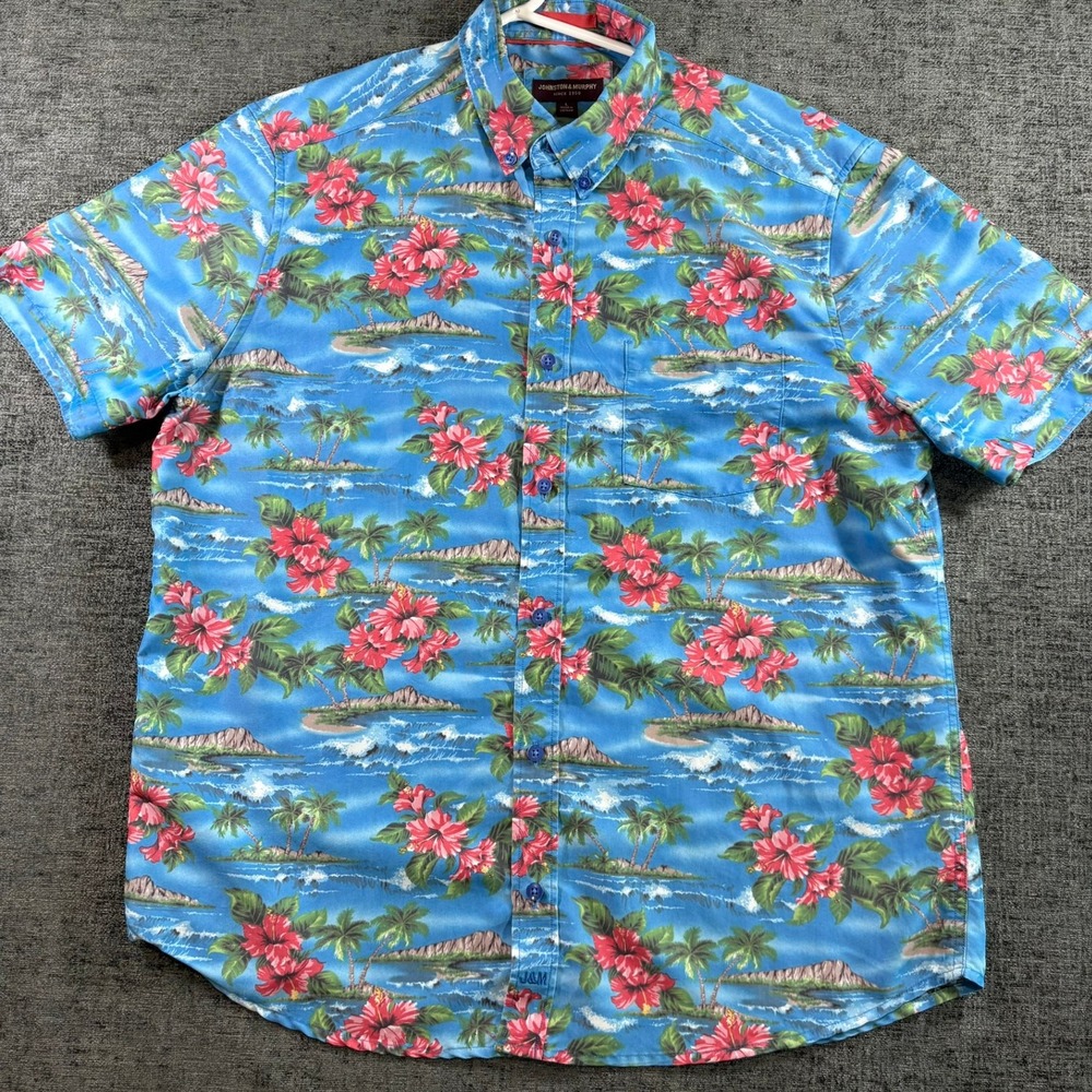 Johnston &‎ Murphy Button Down Shirt Mens Large Blue Tropical Hibiscus 74-8807